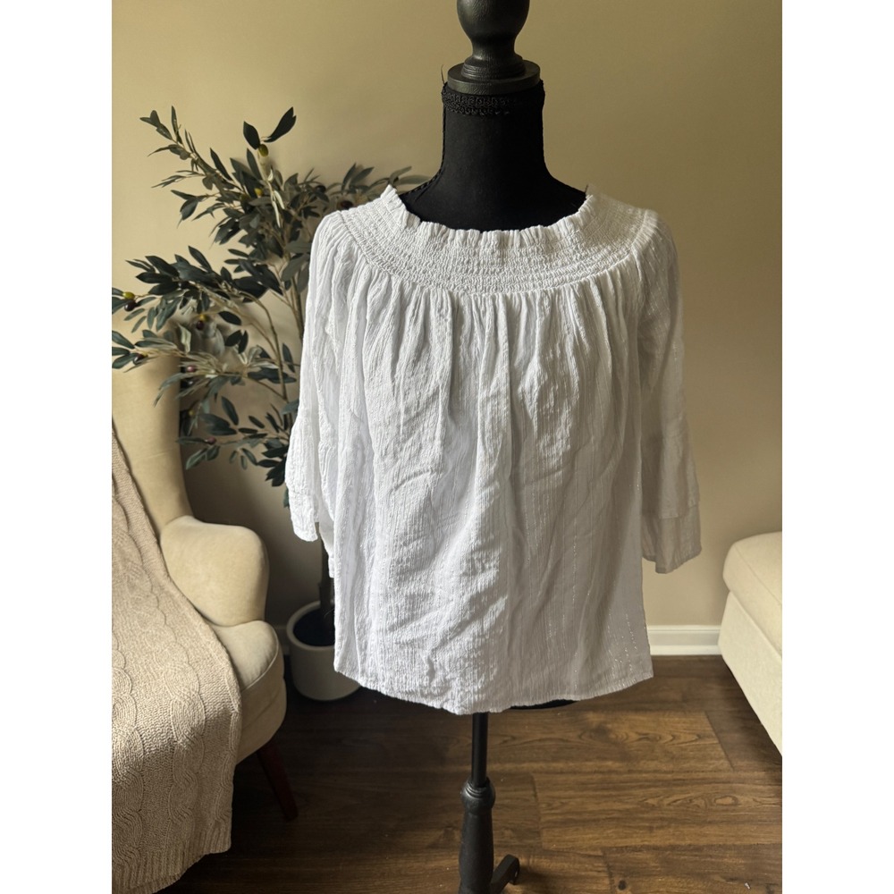 INC International Concepts White Smocked Metallic Stripe Bell Sleeve Blouse M